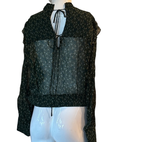 Free People Roma Forrest Green Floral Smocked Mock Nwck Tie Back Blouse Size M - Picture 9 of 13